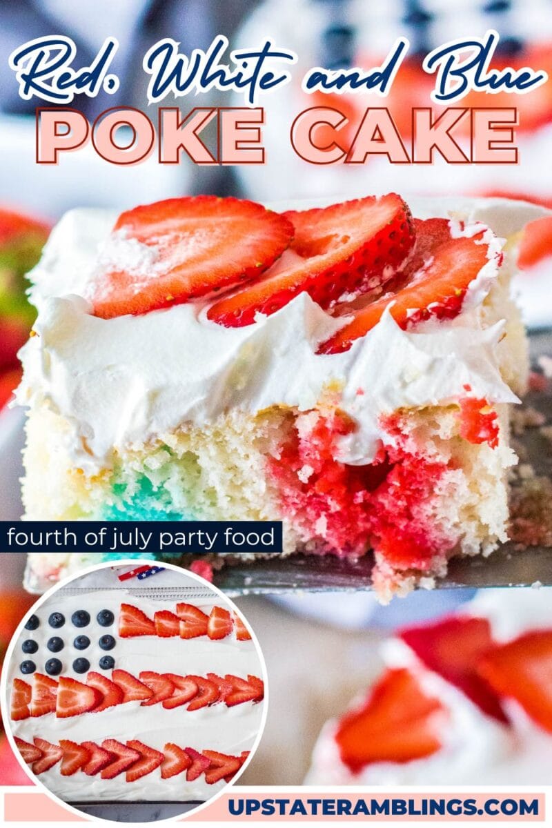A slice of 4th of July poke cake topped with whipped cream and sliced strawberries, with a photo of a rectangular cake decorated festively with strawberries and blueberries.
