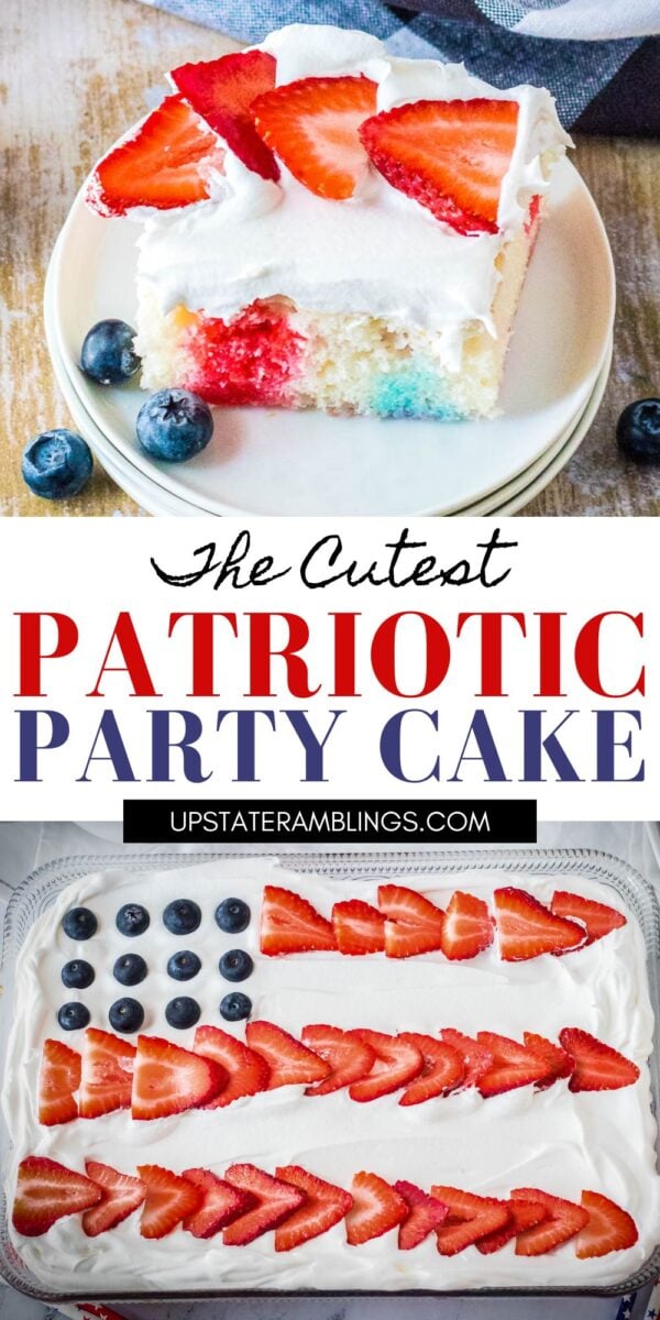 A rectangular 4th of July poke cake decorated with whipped cream, blueberries, and sliced strawberries to resemble the American flag, with a slice served on a plate.