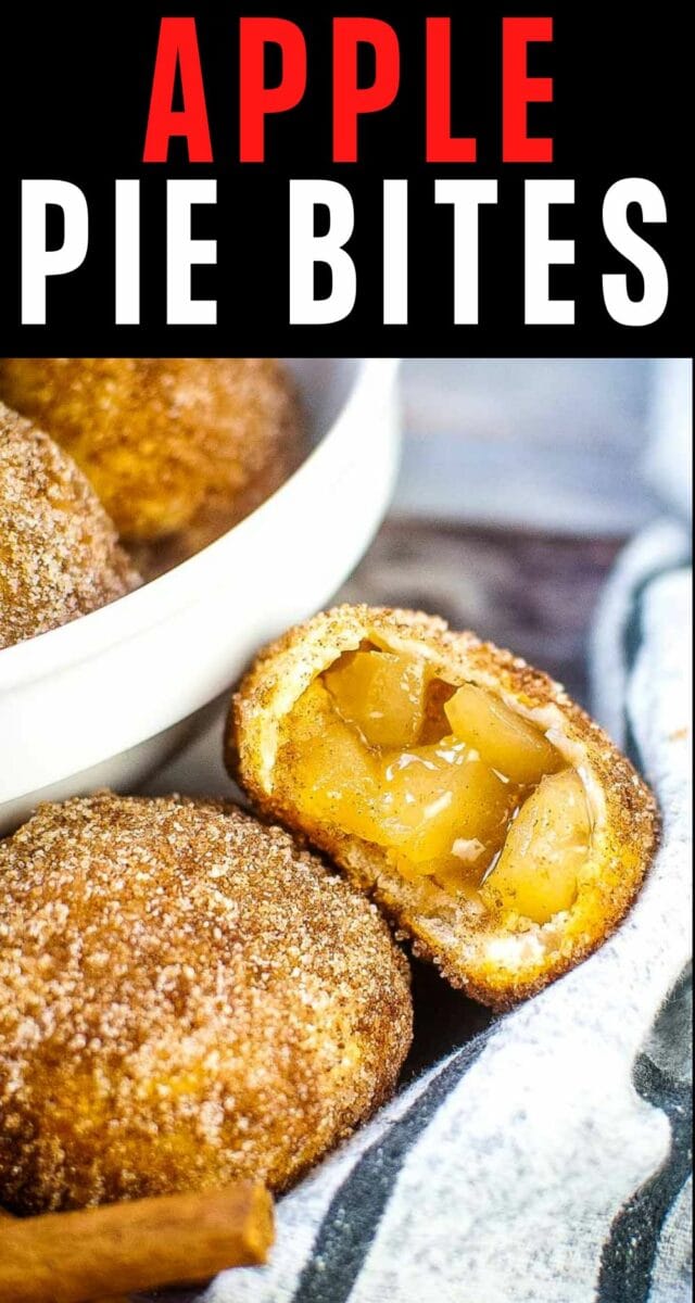 Pinterest pin showing an apple pie bite bitten into to show the filling.