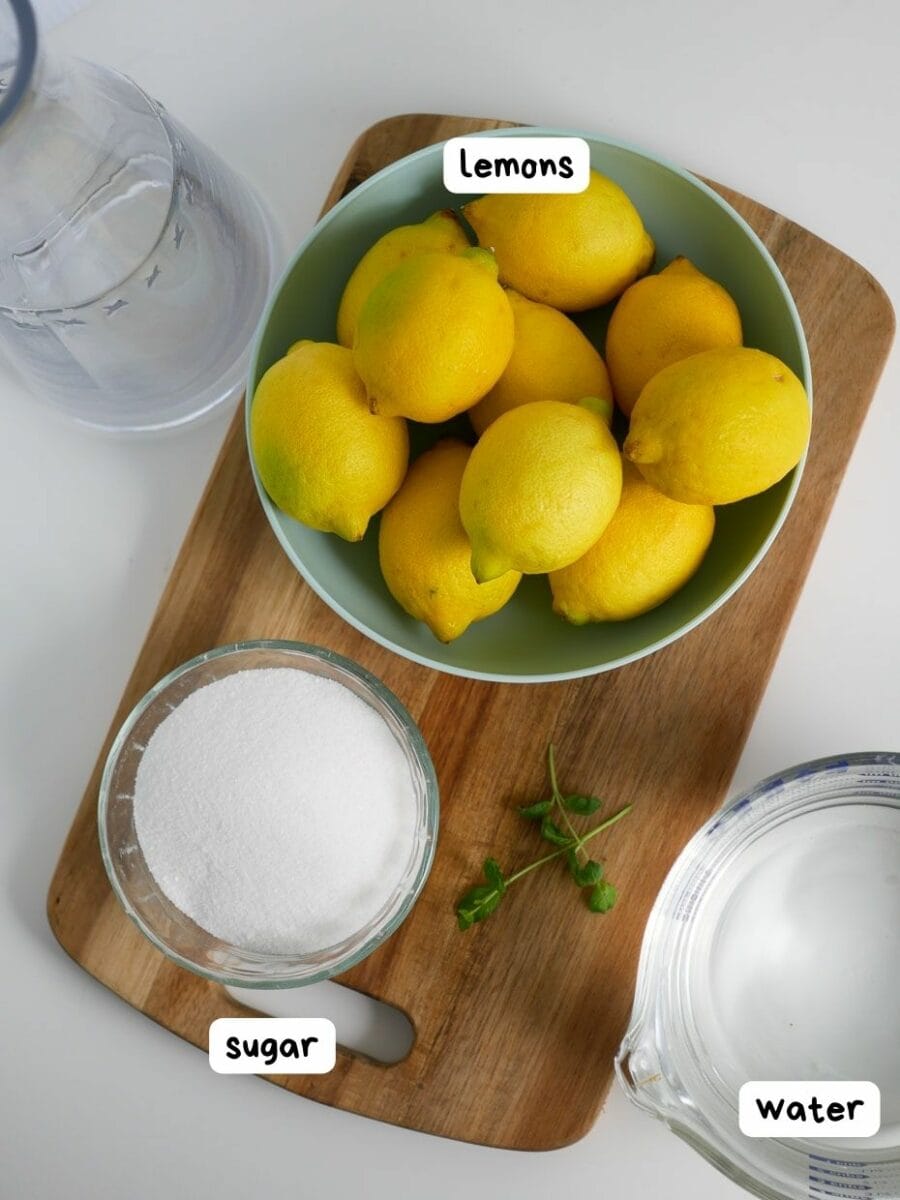 Ingredients for homemade lemonade using a copycat Chick fil a recipe.
