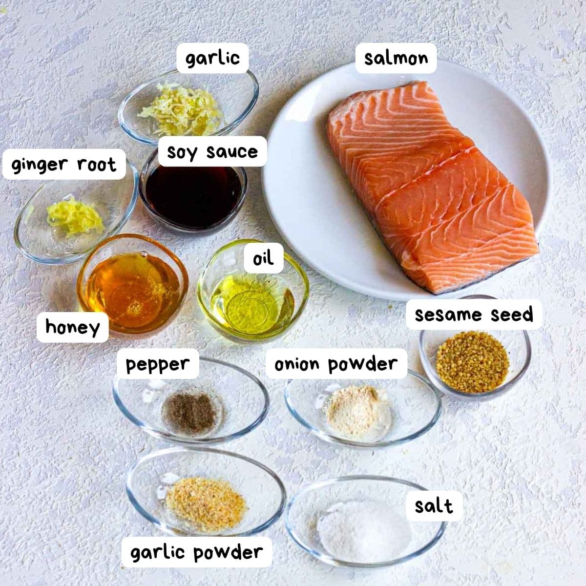Labeled ingredient photo for air fryer salmon bites.
