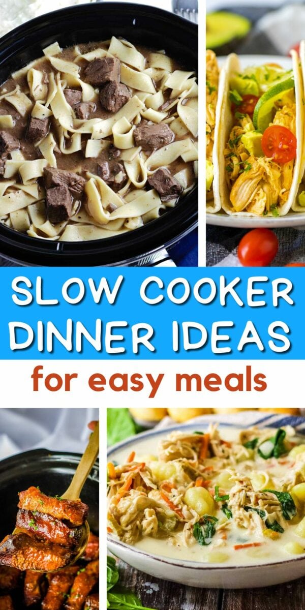collage pin slow cooker reicpes with beef and noodles, chciken tacos, chicken gnocchi soup, and country style ribs