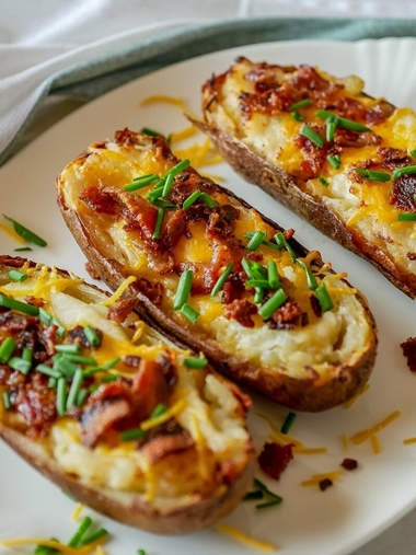 twice baked potatoes with toppings on a plate