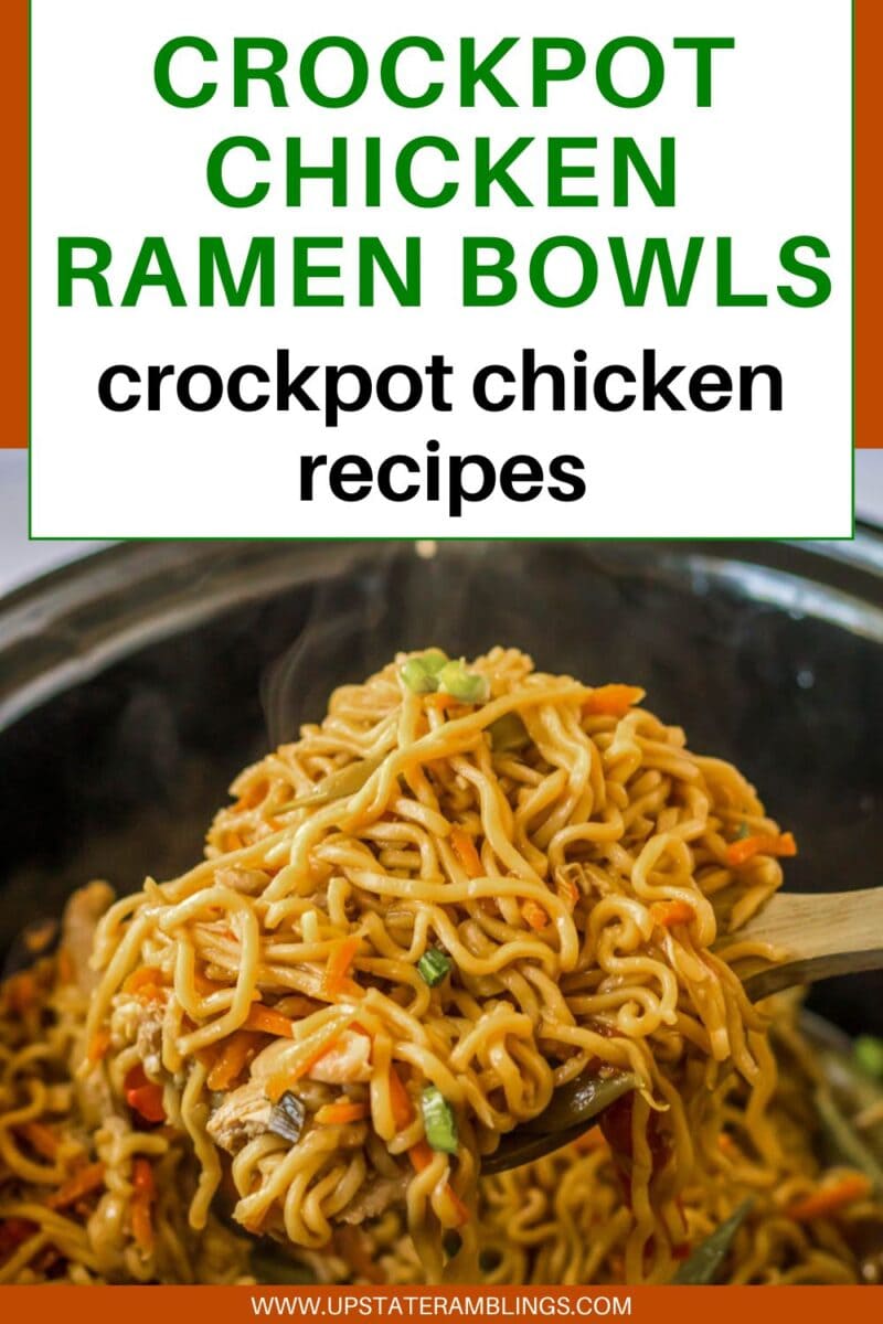A close-up of cooked crock pot ramen with vegetables and chicken being lifted from a crockpot, with text promoting delicious crockpot chicken recipes.