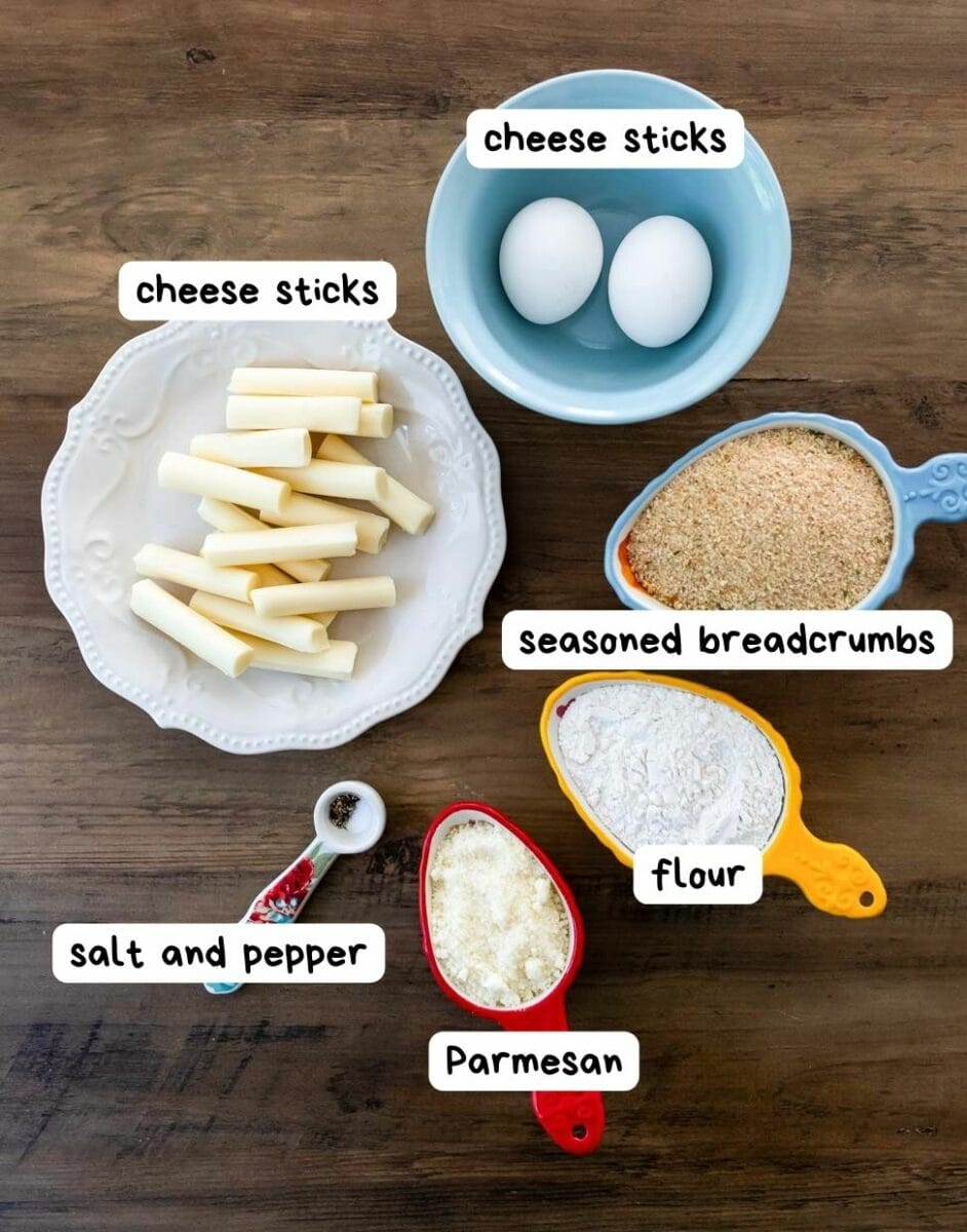 Top view of ingredients for air fryer mozzarella sticks with labels.