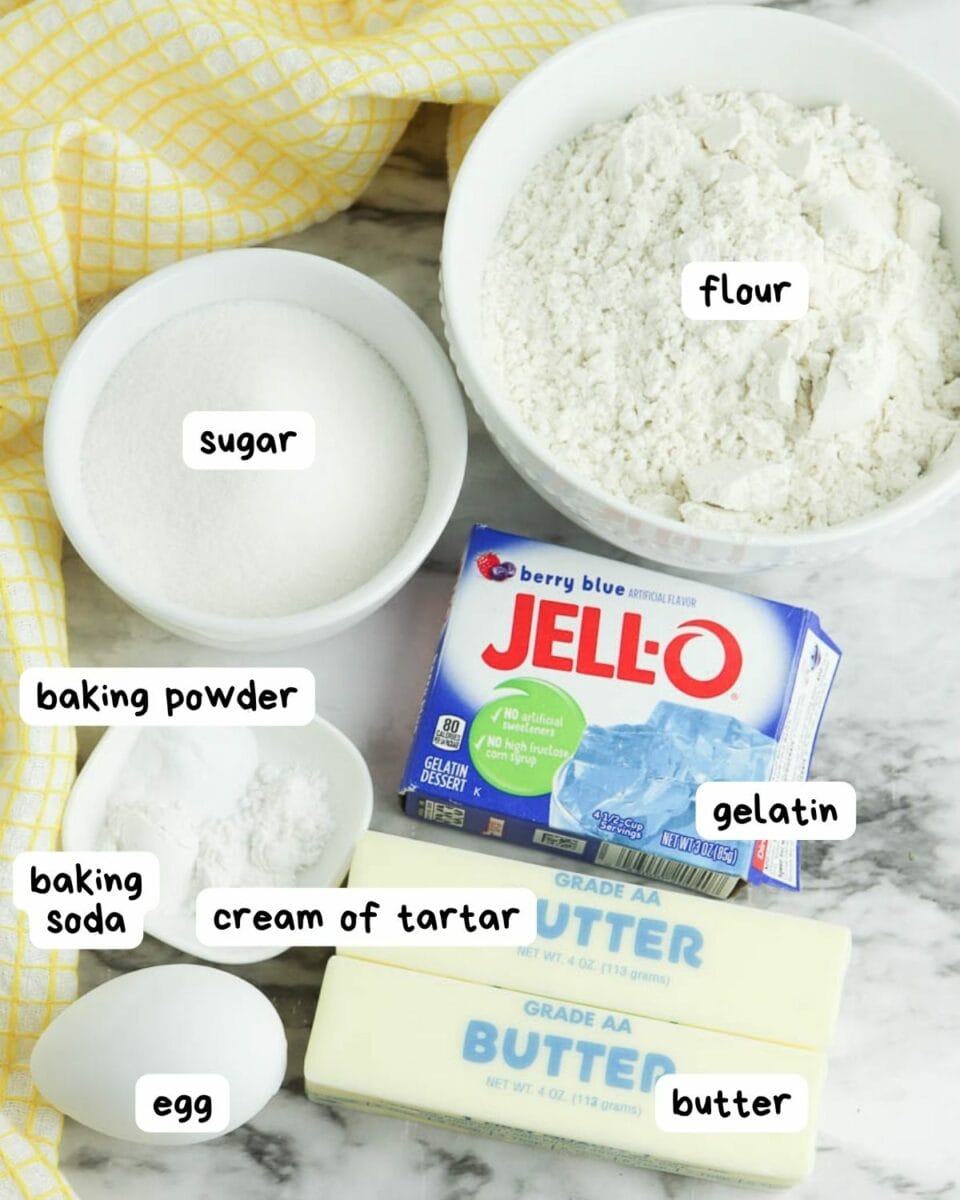 Labeled ingredient photo tie dye jello cookies.