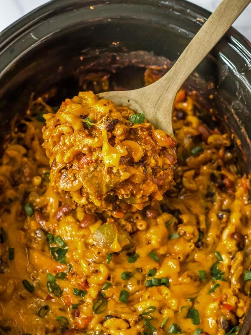 Spoonful of slow cooker chili mac.