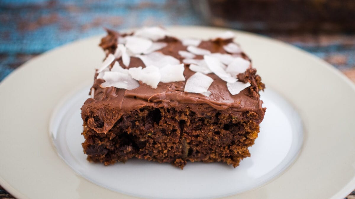 Zucchini chocolate cake topped with coconut.