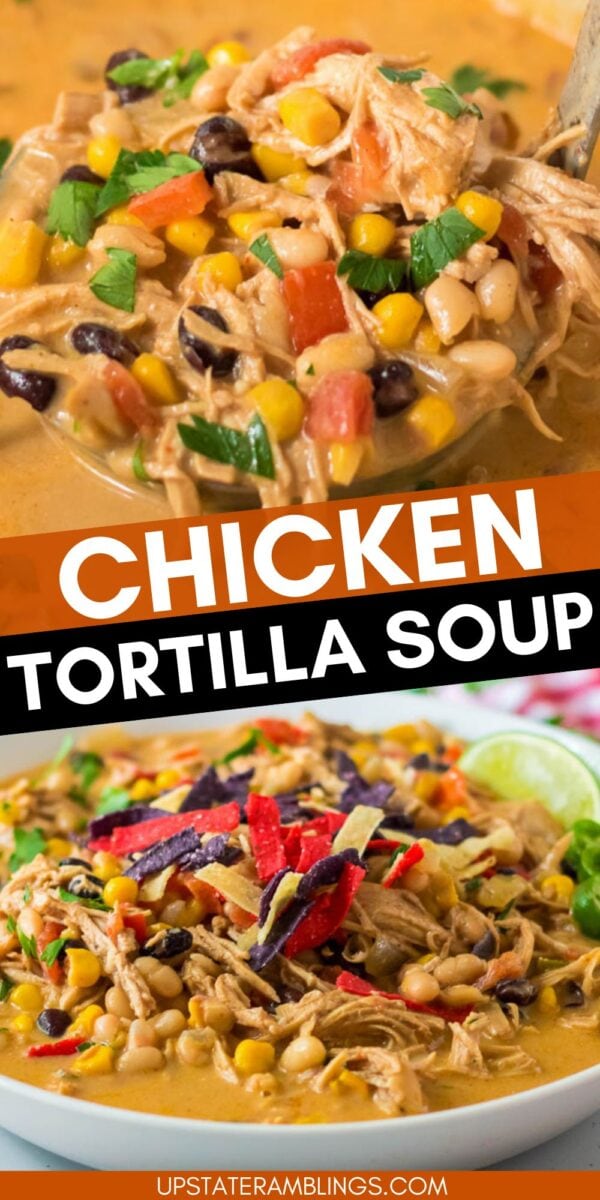 Close-up of Chick-fil-a tortilla soup with shredded chicken, corn, black beans, tomatoes, and crispy tortilla strips, garnished with cilantro and served in a bowl.