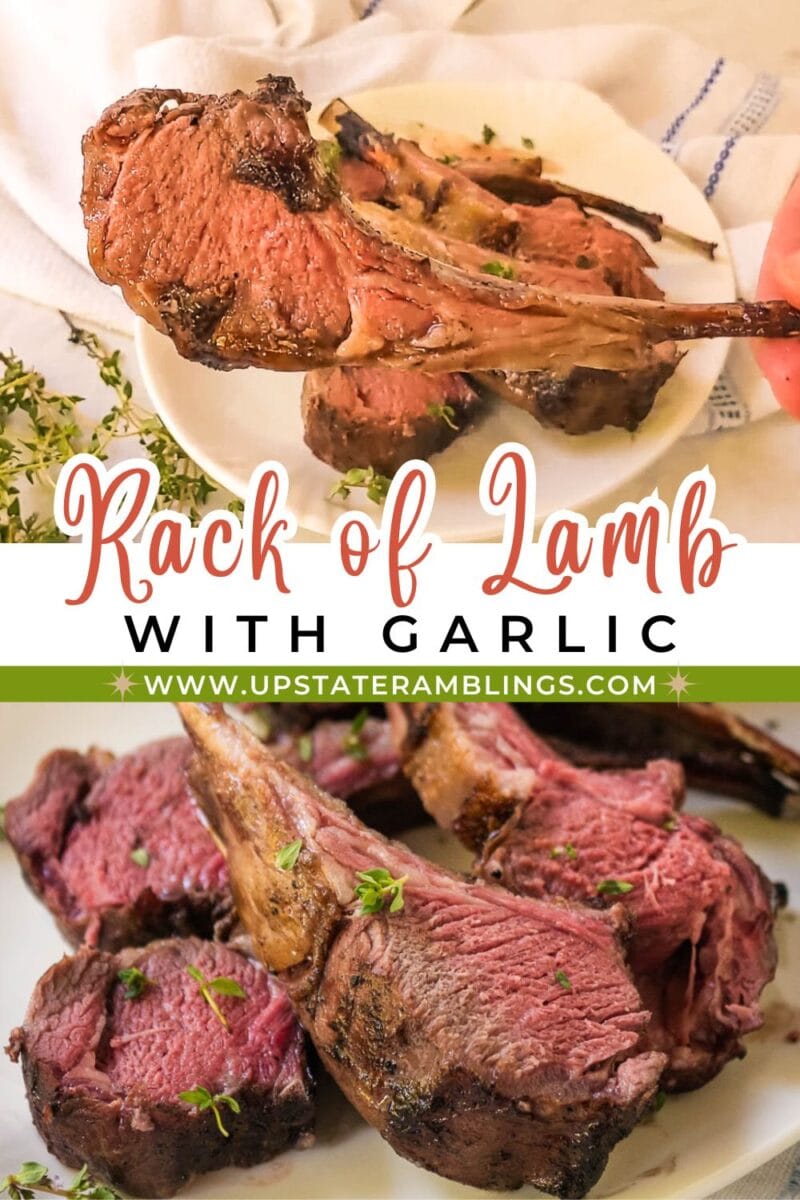 Two plates of sliced sous vide rack of lamb cooked medium rare, garnished with fresh herbs and served with garlic.