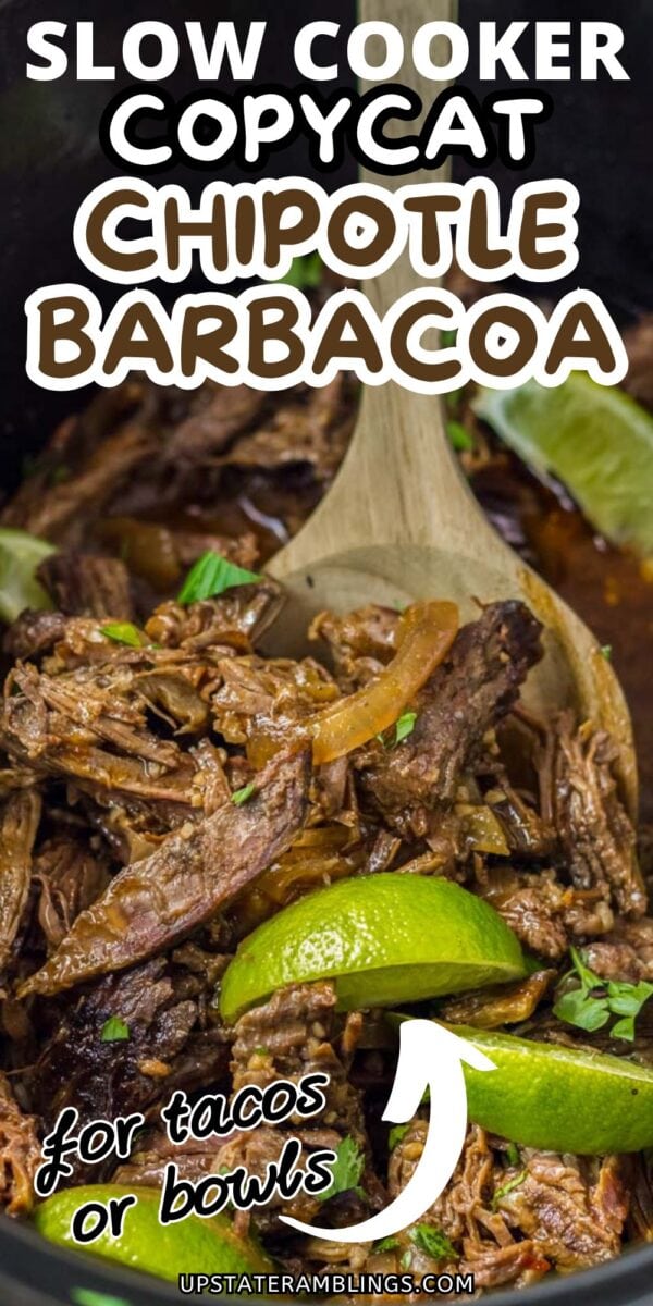 Slow cooker barbacoa with shredded beef, onions, and lime wedges—a copycat Chipotle recipe perfect for tacos or bowls.