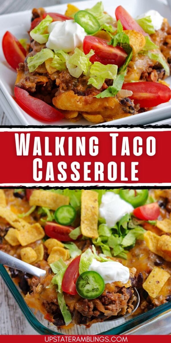 A baked walking taco casserole topped with lettuce, tomato, sour cream, jalapeño slices, and corn chips, served in a glass dish.