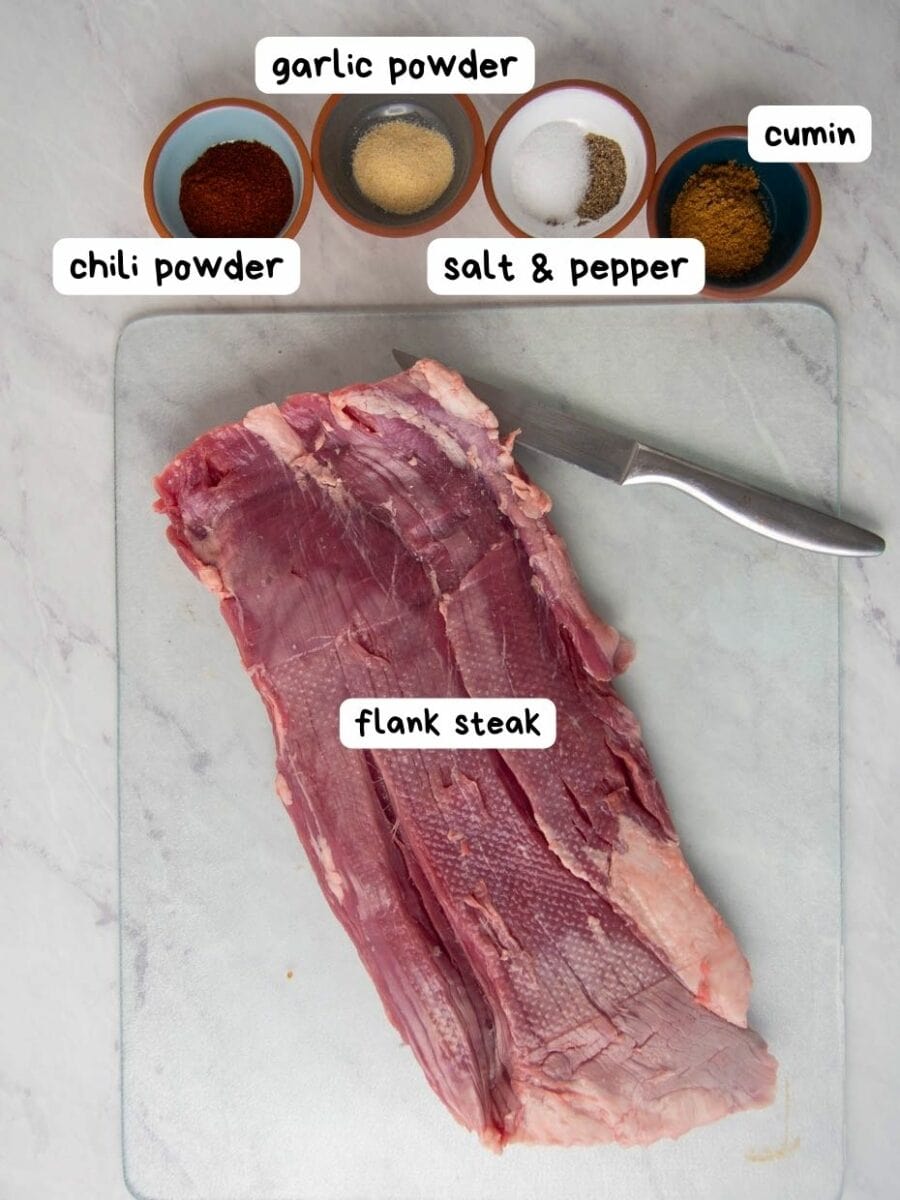 Sous vide flank steak ingredients photo with labels.