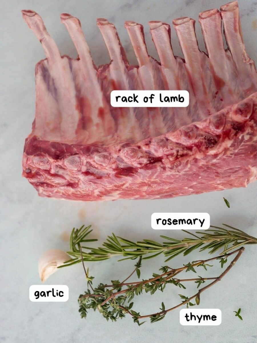 Labeled ingredient photo sous vide rack of lamb.