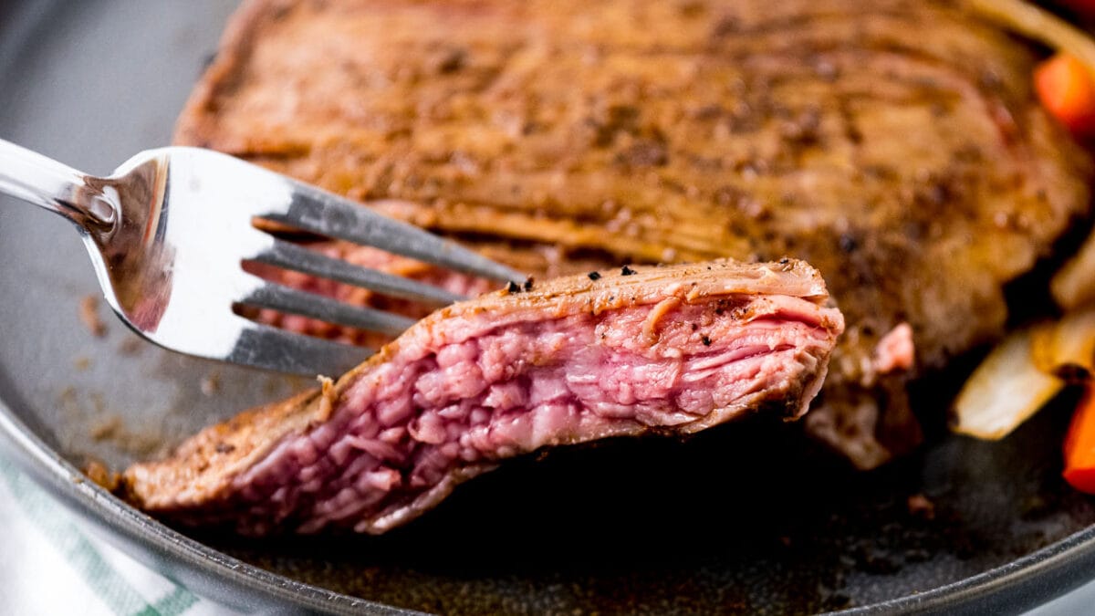 Flank steak cut open to show the inside.