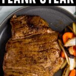 Pinterest image for sous vide flank steak with onions and peppers.