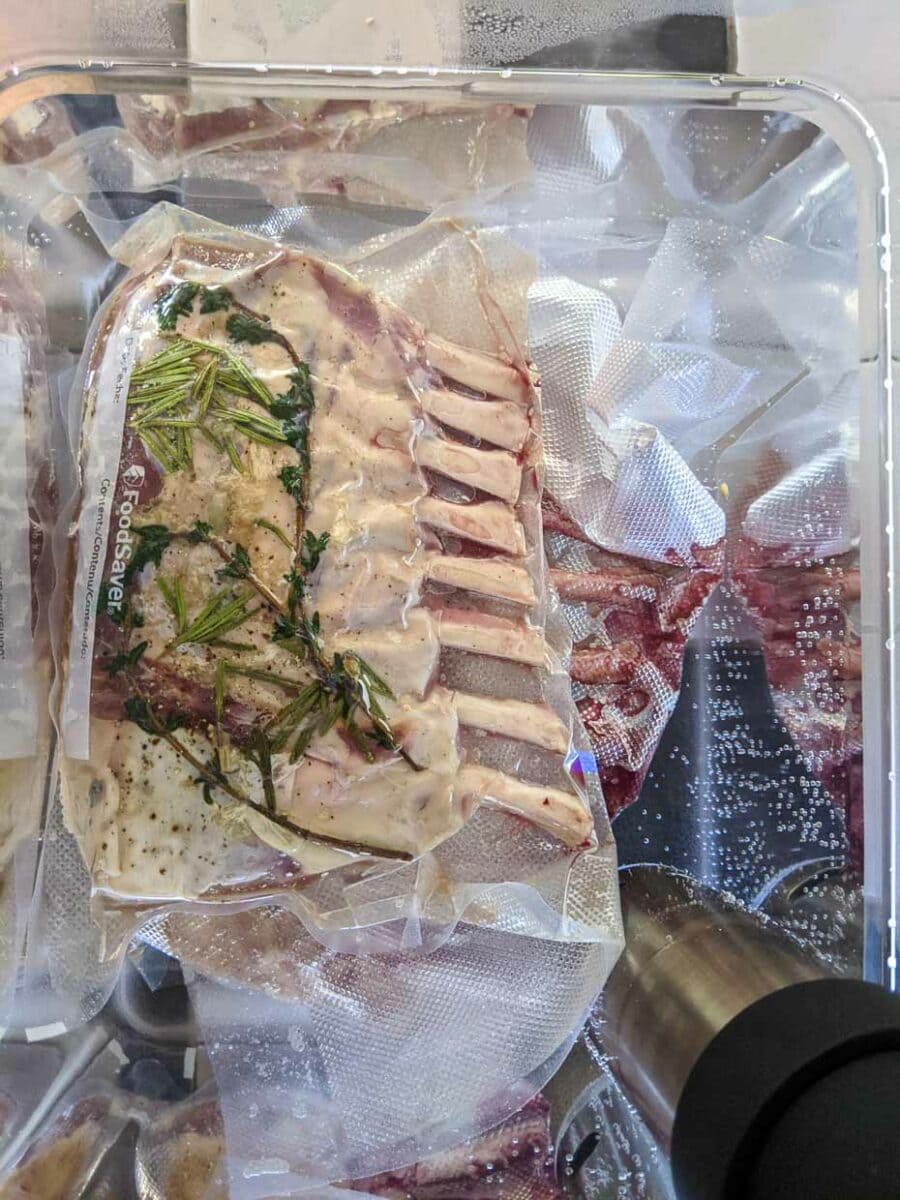 Rack of lamb in the sous vide cooker.