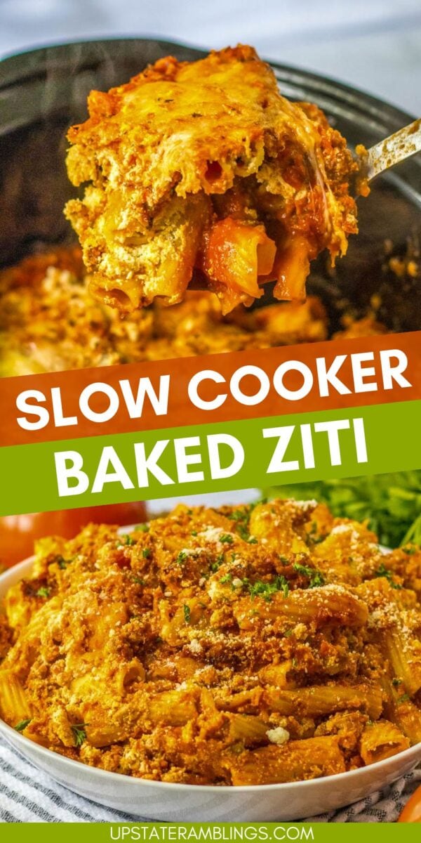 Crock pot baked ziti with melted cheese and tomato sauce is served from a slow cooker, with a close-up of a cheesy portion being lifted out.