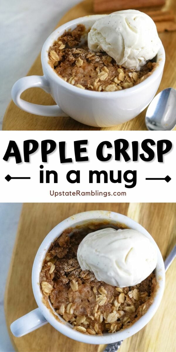 Pinterest collage for apple crisp in a mug.