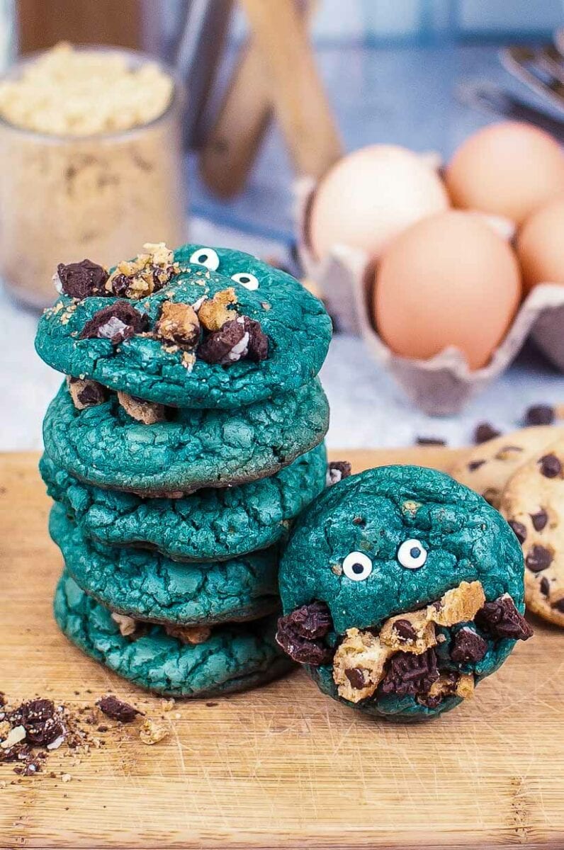 Blue Monster cookies decorated with eyes.