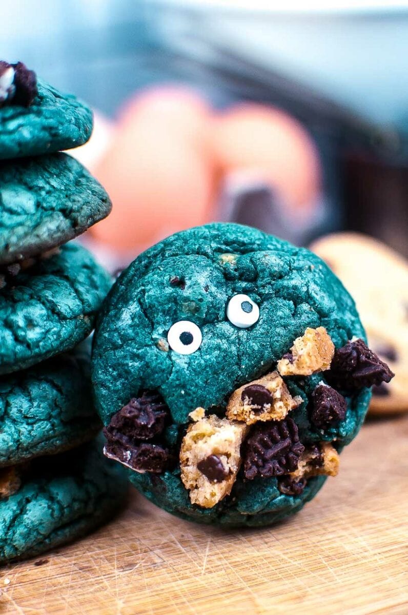 Closeup of a cookie  monster cookie with a face.