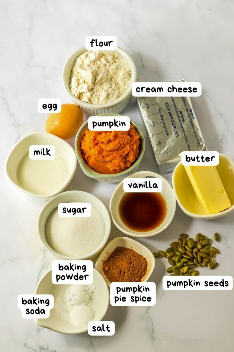 Labled ingredient photo for pumpkin cream cheese muffins.
