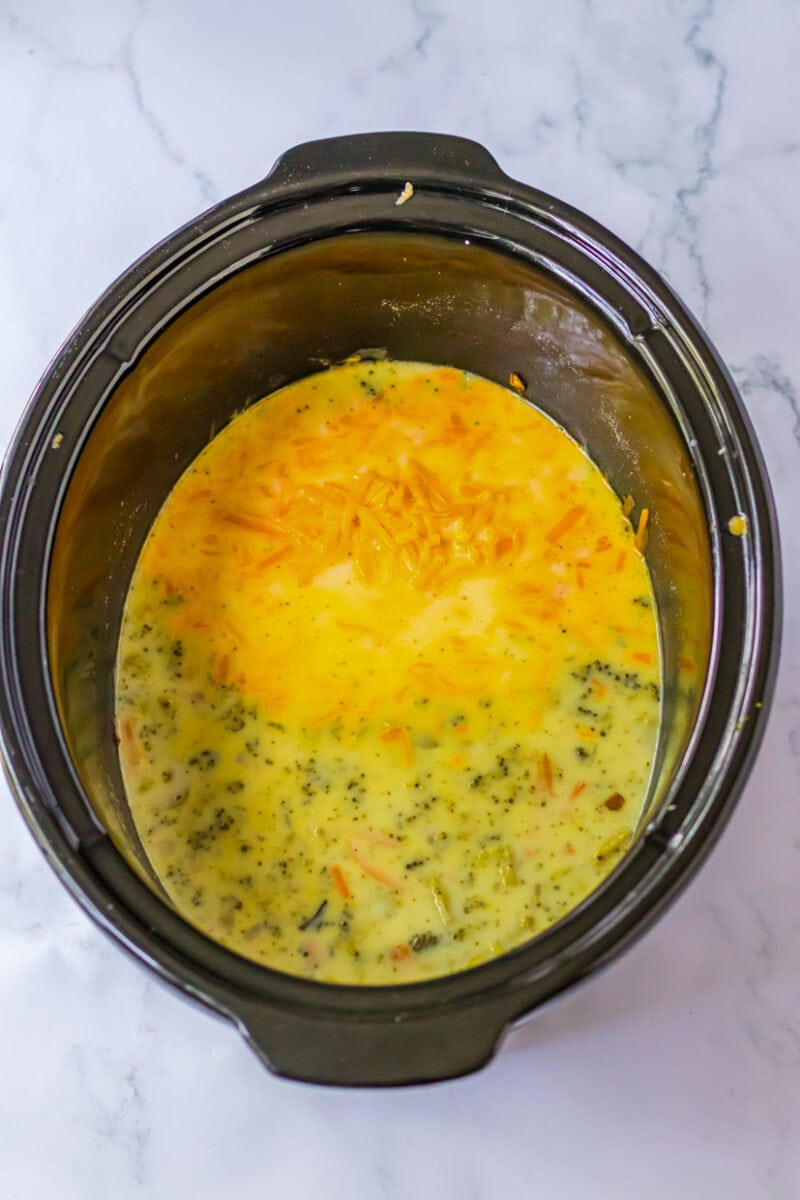 A crock pot full of soup with broccoli and cheese.