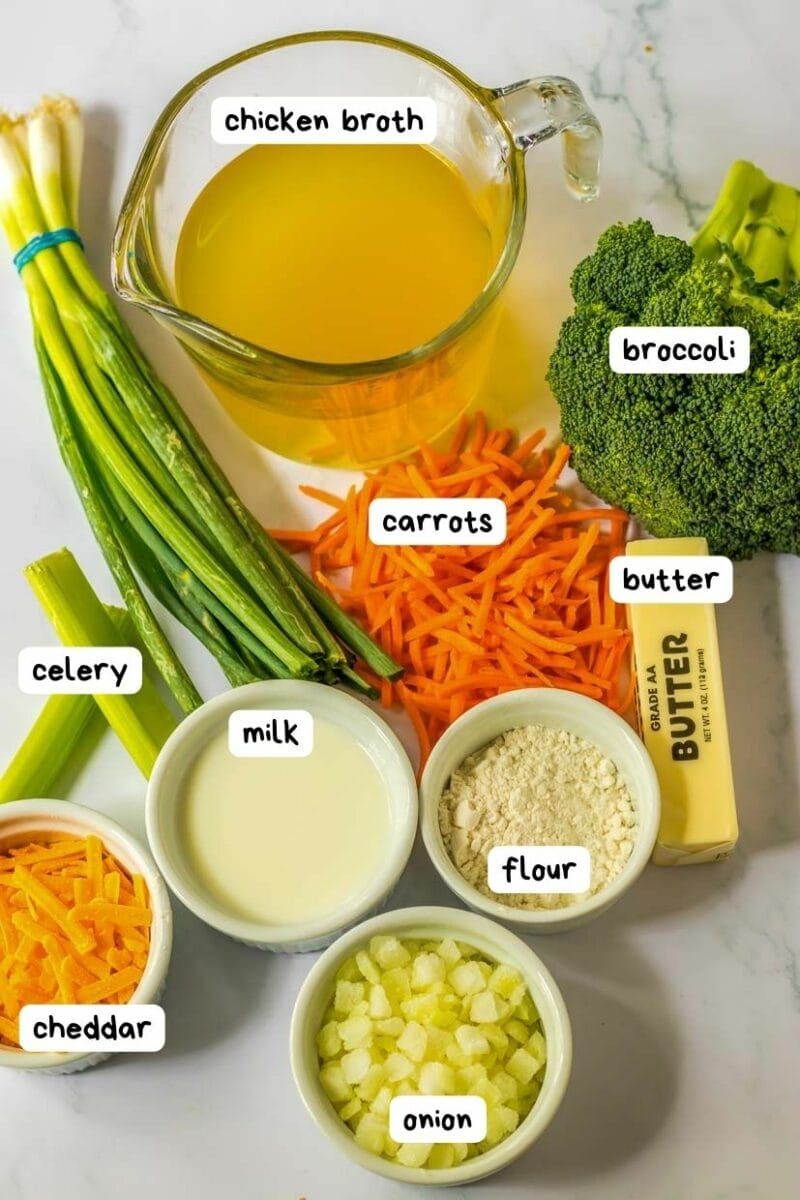 The ingredients for a cheddar broccoli soup.
