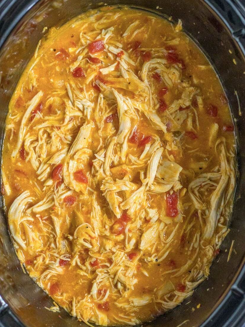 A crock pot full of chicken in a red sauce.