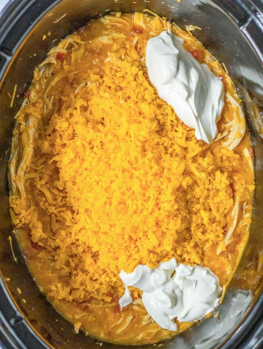 A food processor filled with shredded cheese and sour cream.