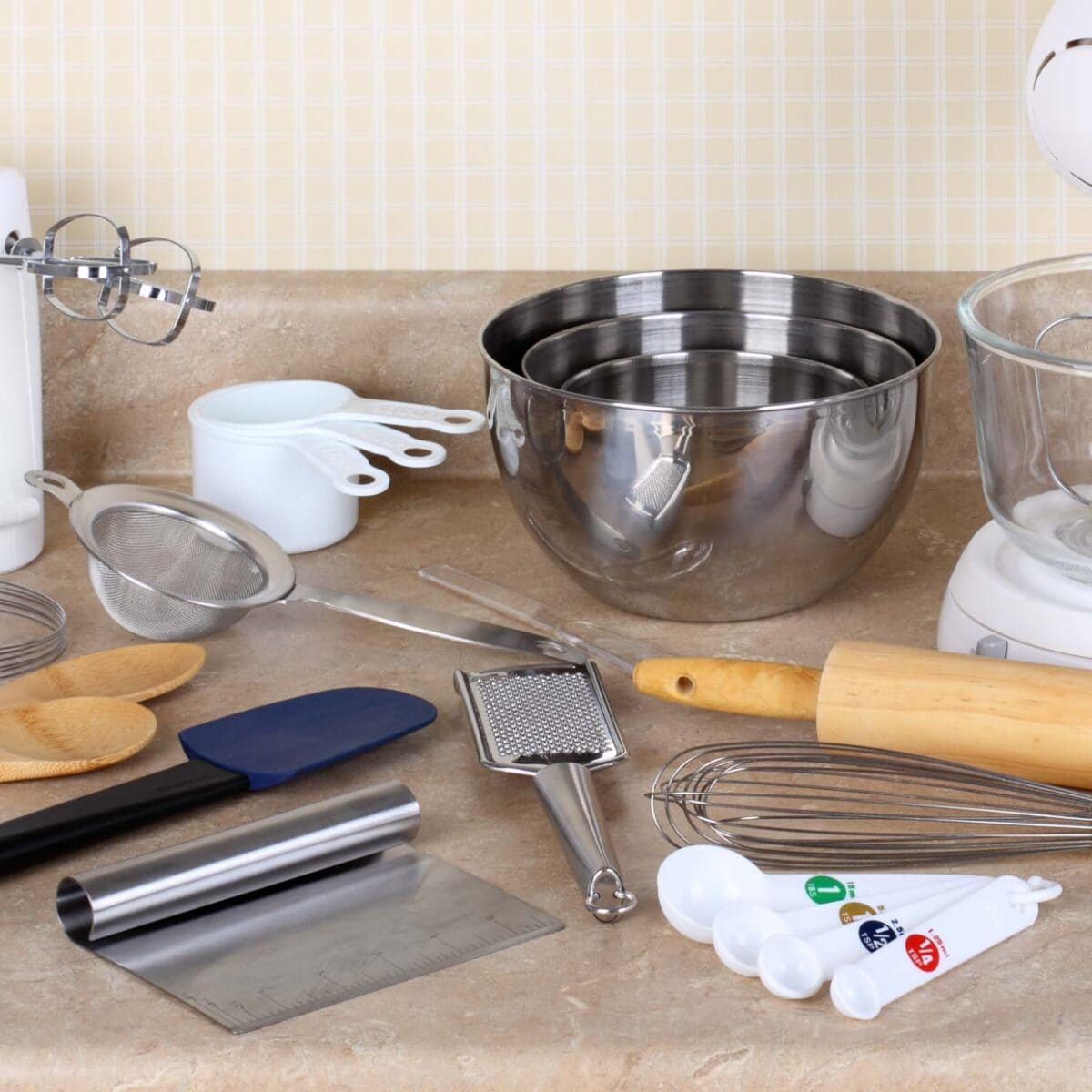 Baking tools on a countertop.