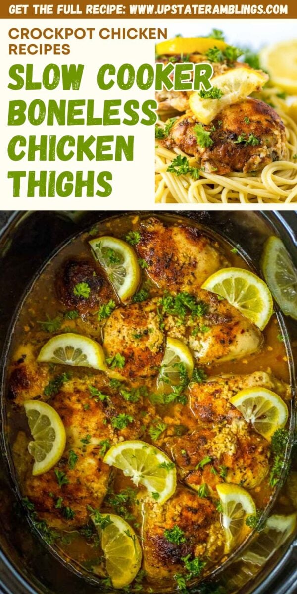 Slow cooker chicken thighs simmered with lemon slices and herbs in a crockpot, served over spaghetti with fresh lemon wedges on the side.