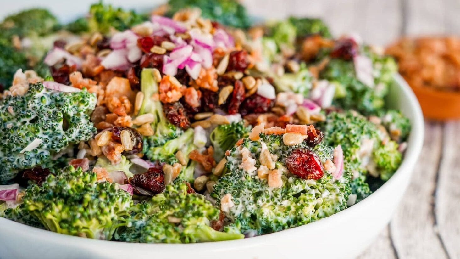 bowl of broccoli salad from the side