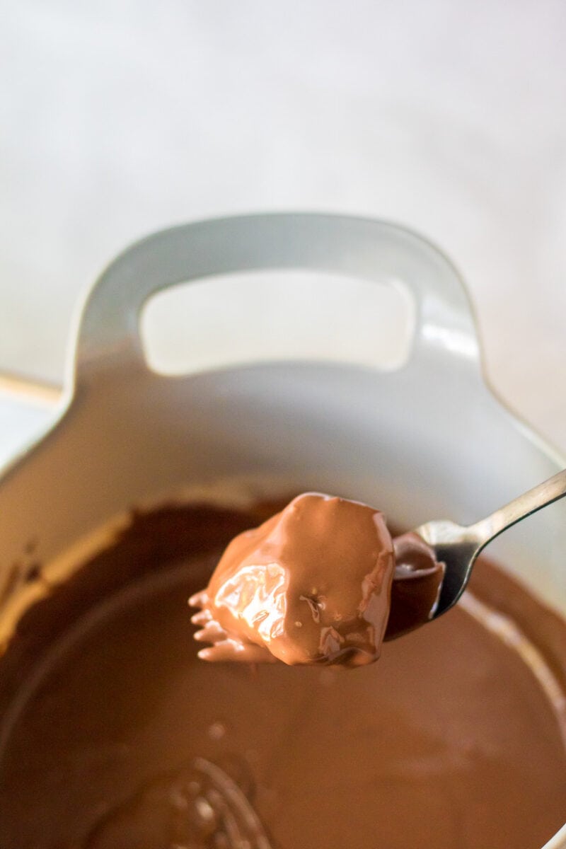 A spoon is being held over a bowl of chocolate.