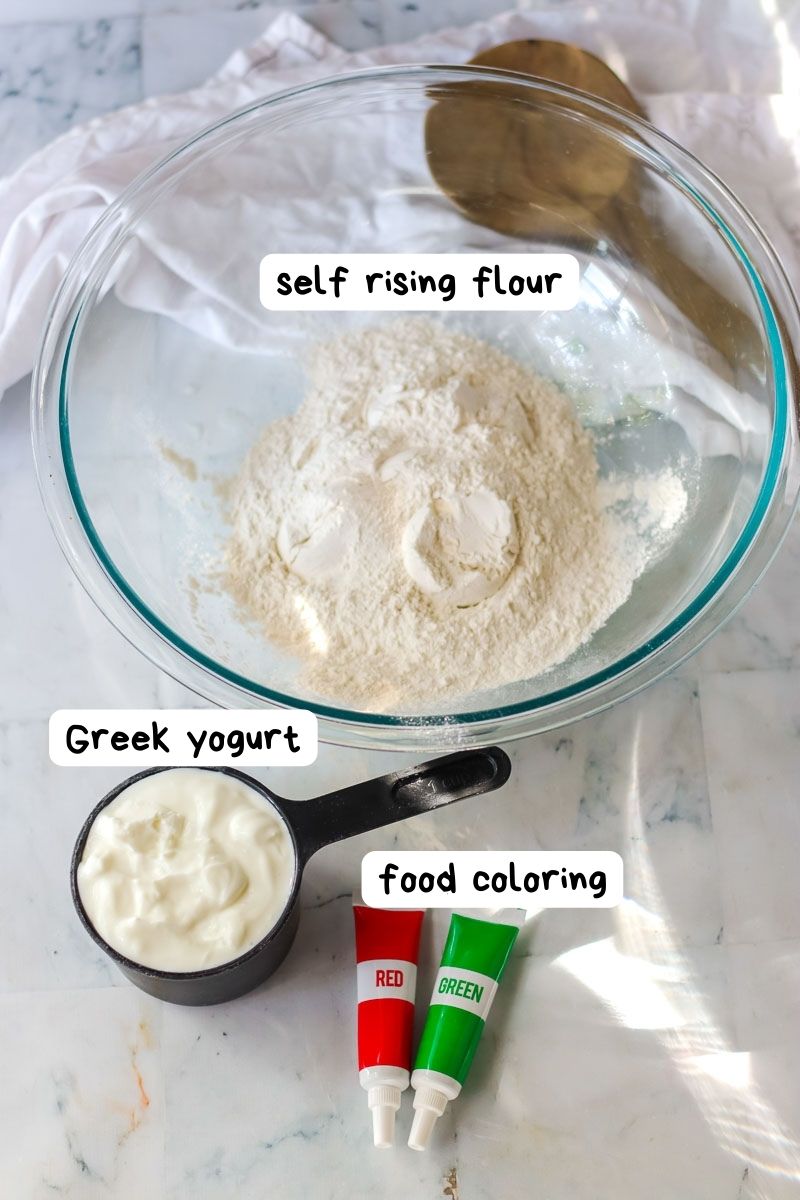 Greek yogurt coloring ingredients for Christmas bagels.