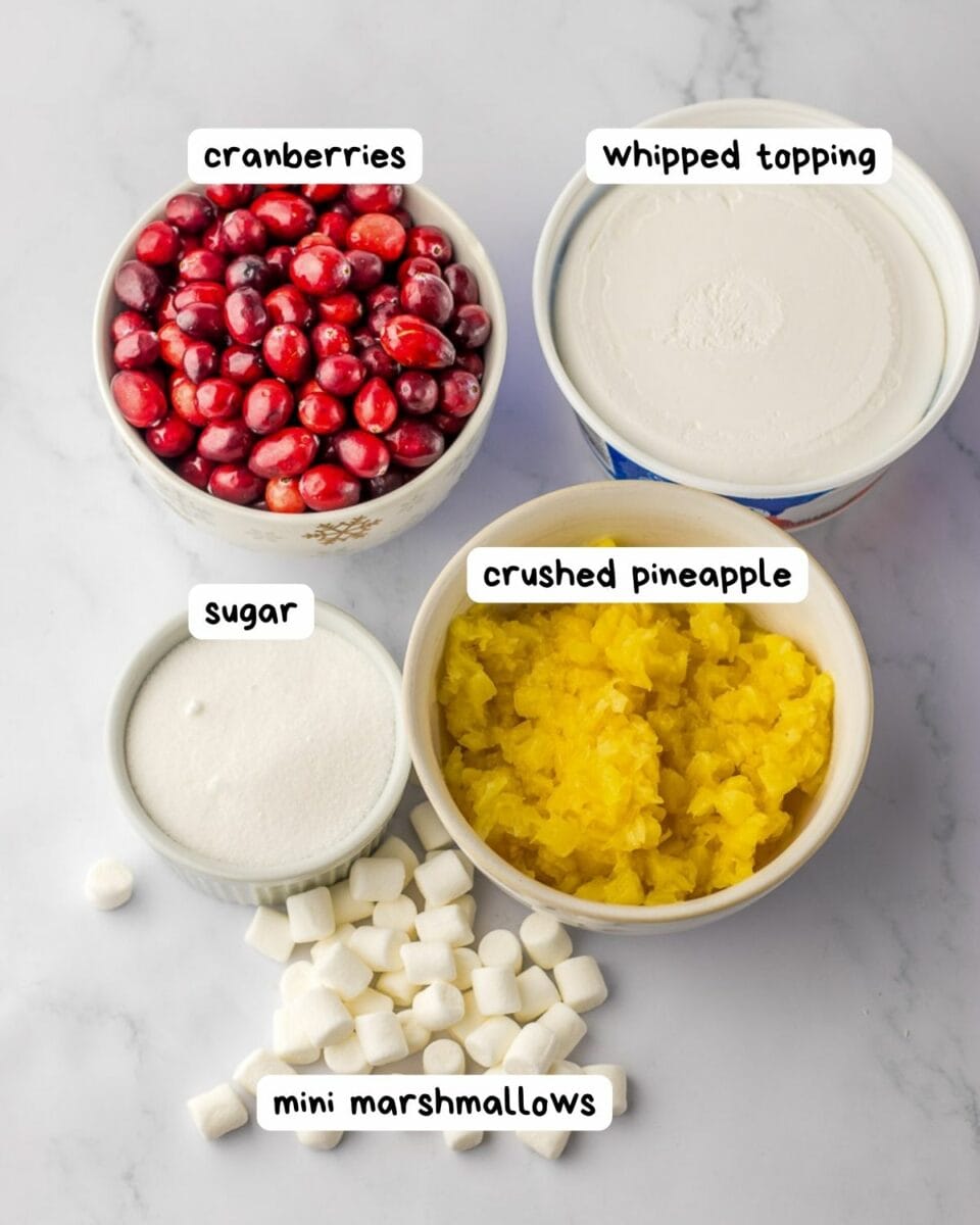 Ingredients for a cranberry and pineapple dessert.