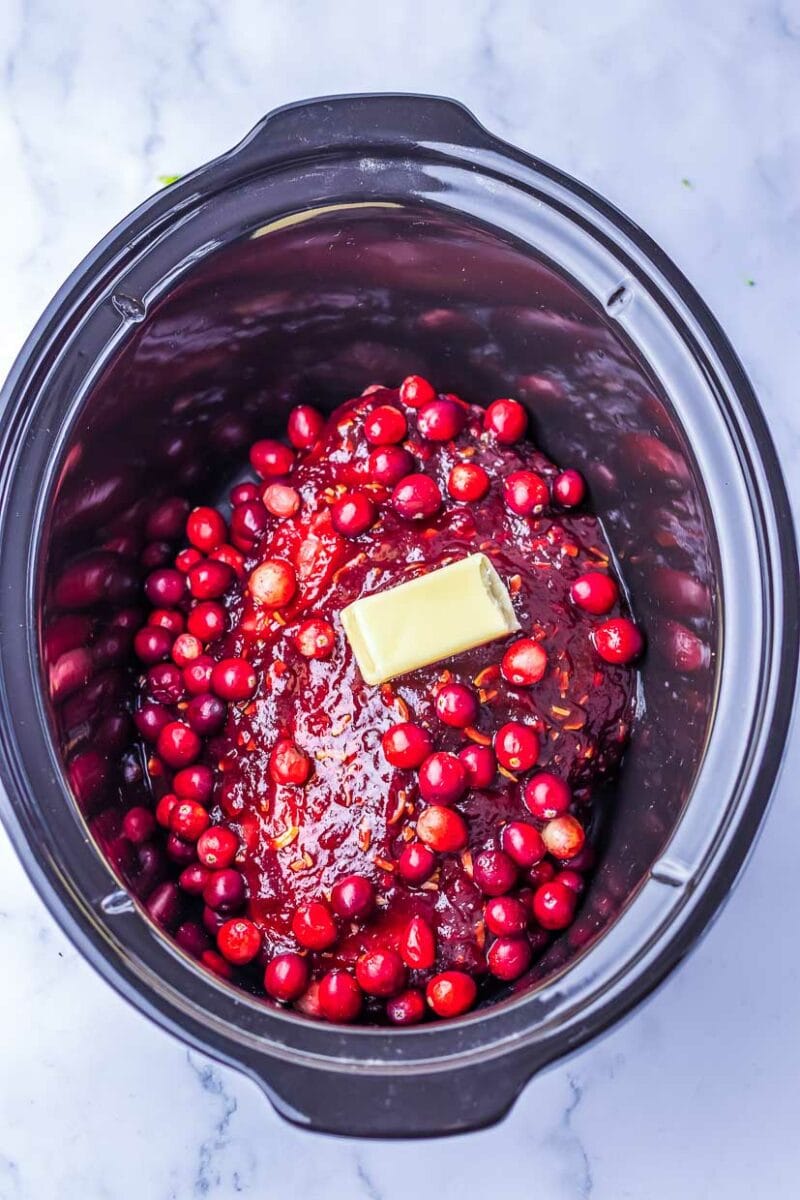 Cranberry sauce in a slow cooker.