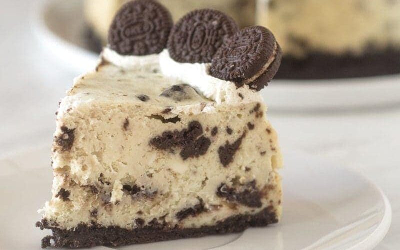close up of piece of Oreo cheesecake
