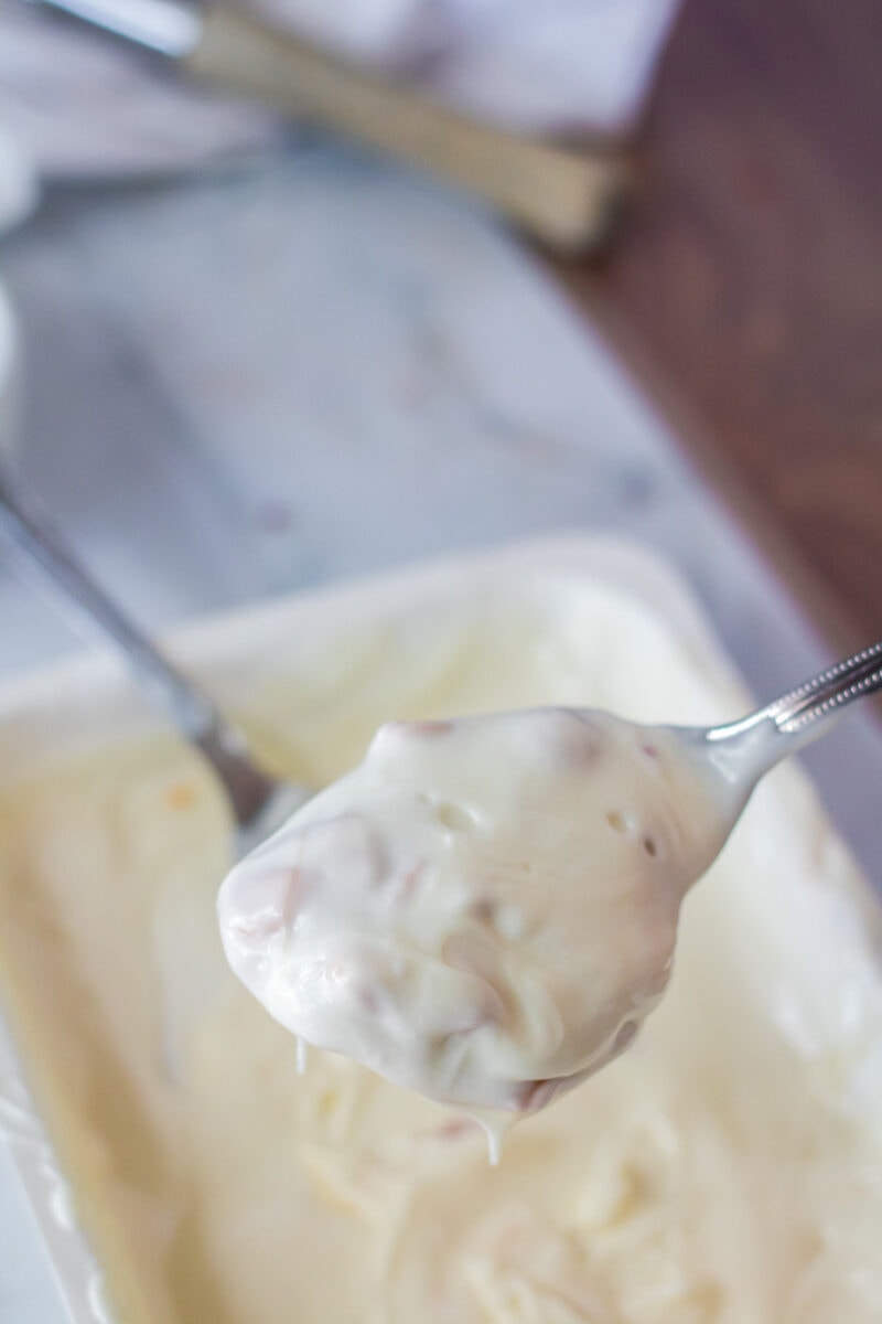 A spoonful of ice cream in a white dish.