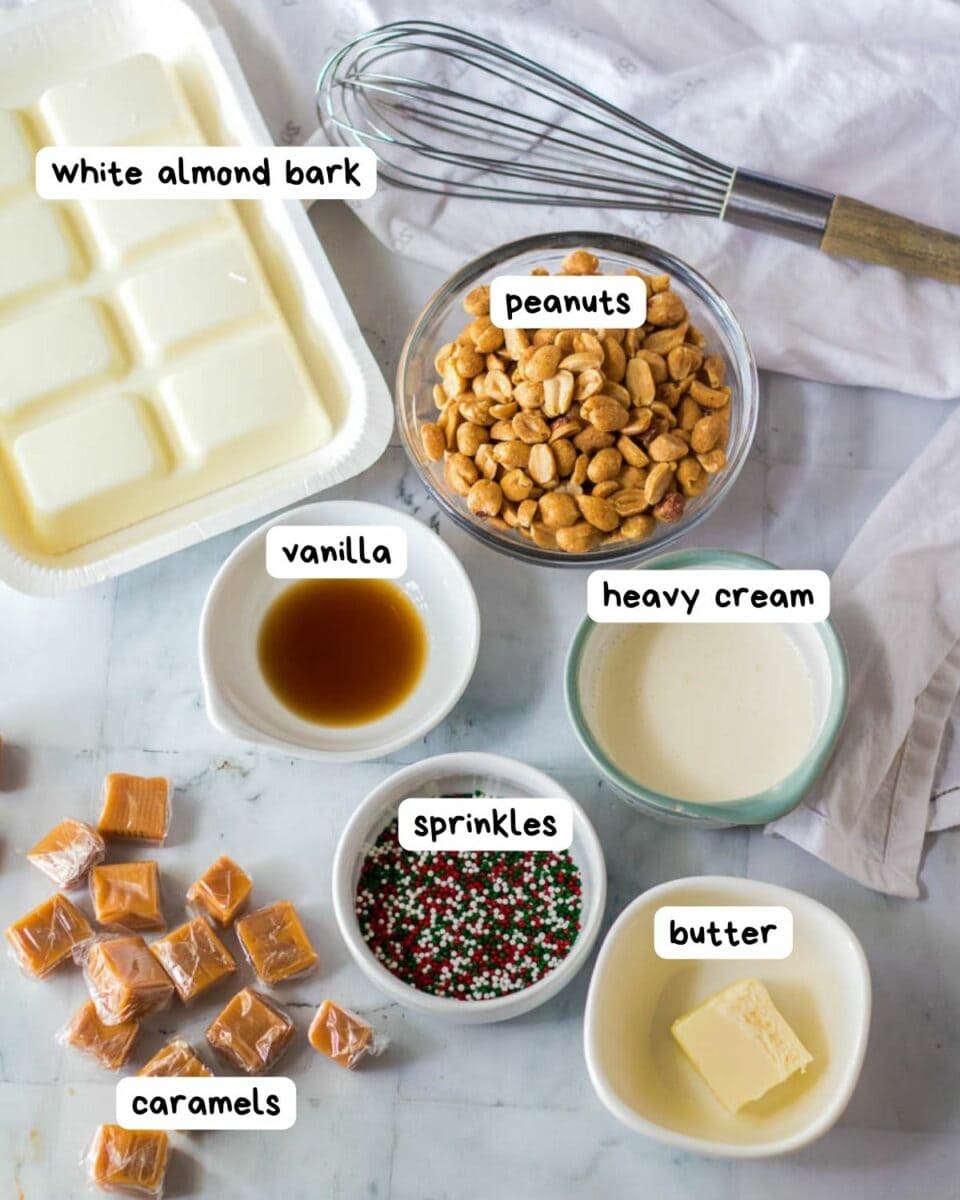 The ingredients for a white chocolate peanut butter fudge.