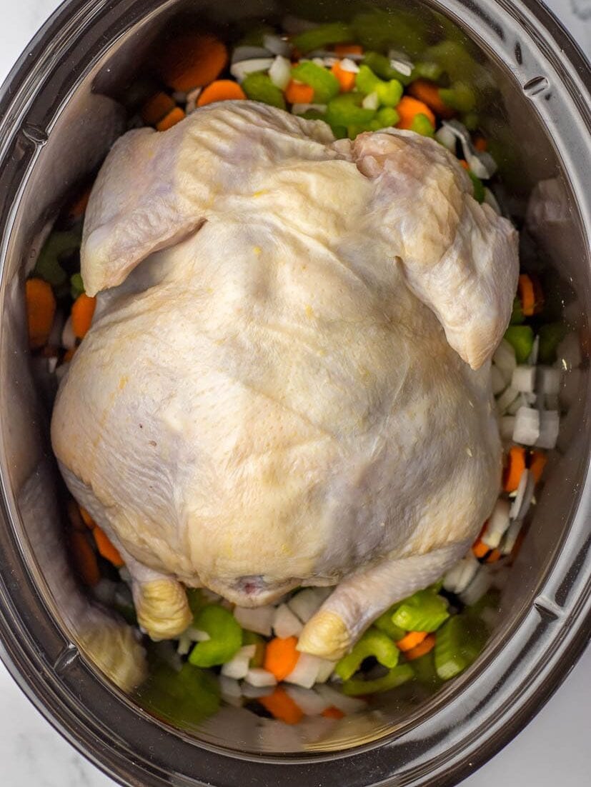 A chicken in a slow cooker with vegetables.