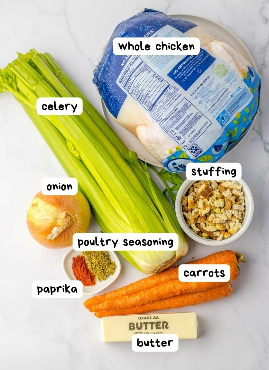 The ingredients for a chicken and celery soup.