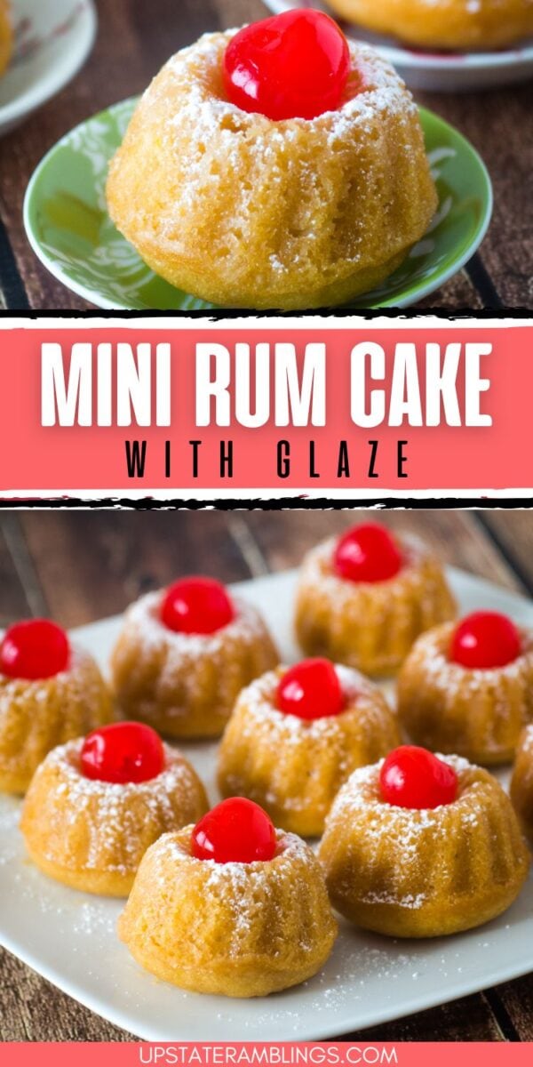 Mini rum cakes topped with glaze, powdered sugar, and maraschino cherries, arranged beautifully on plates.
