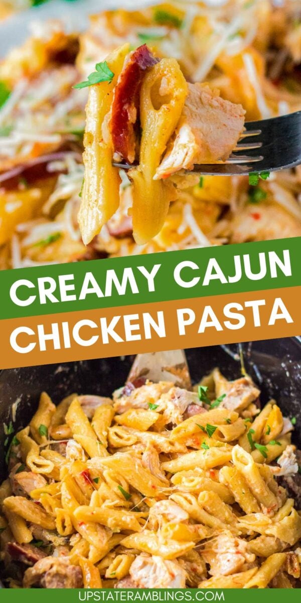Close-up of creamy slow cooker Cajun chicken pasta with penne, chicken pieces, and sausage, garnished with herbs and grated cheese.