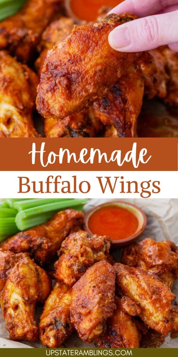 A hand holds a saucy air fryer buffalo wing above a tray of wings, with celery sticks and dipping sauce in the background. Text reads "Homemade Buffalo Wings.