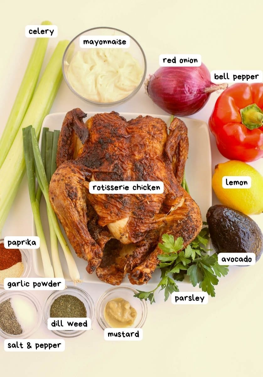 A chicken on a plate with ingredients labeled.
