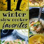 A collage of slow cooker food in different dishes.