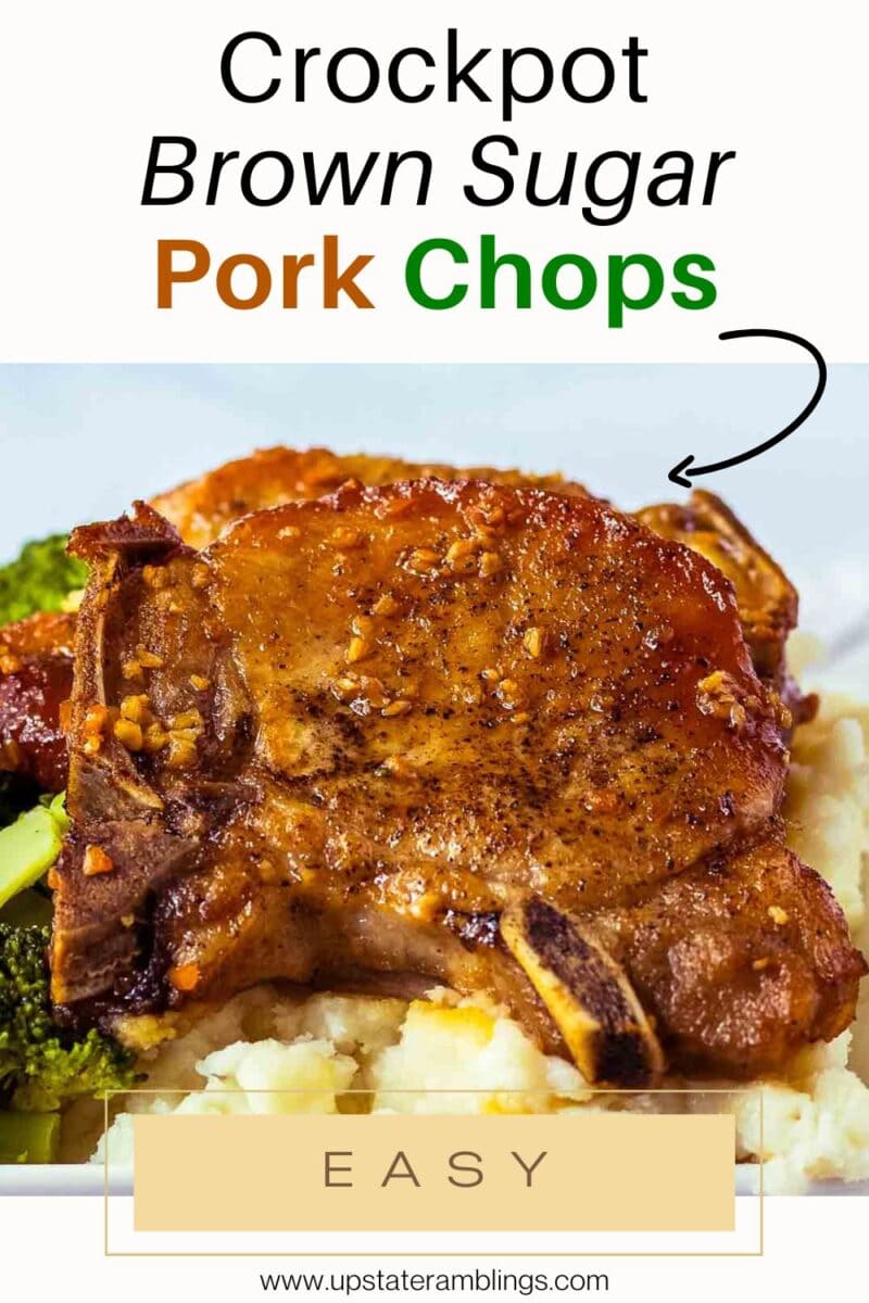 A plate of brown sugar pork chops served over mashed potatoes with broccoli, making for an easy crockpot recipe that's perfect for busy weeknights.