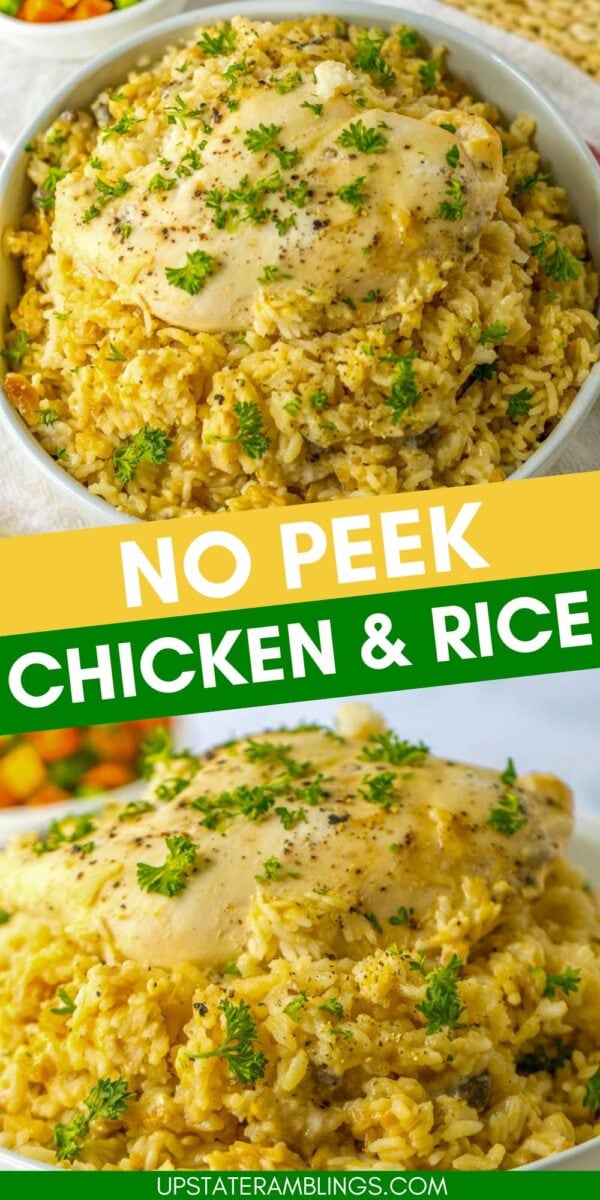 A bowl of no peek chicken and rice garnished with parsley, with text overlay reading "No Peek Chicken & Rice" and "upstateramblings.com" at the bottom.