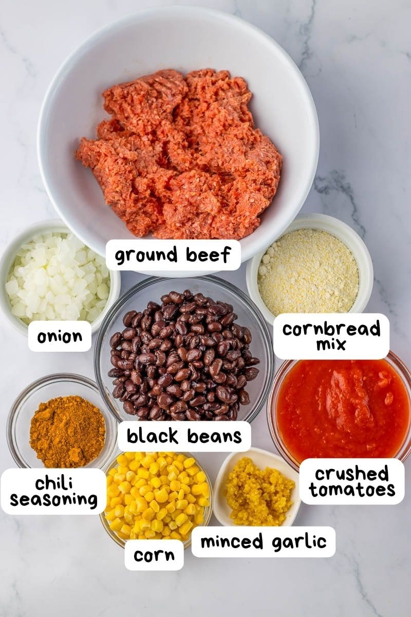 A bowl of ingredients for a chili cornbread casserole.